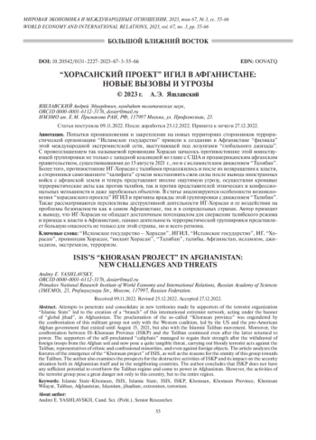 “ХОРАСАНСКИЙ ПРОЕКТ” ИГИЛ В АФГАНИСТАНЕ: НОВЫЕ ВЫЗОВЫ И УГРОЗЫ